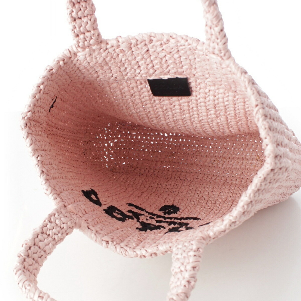 Prada Triangle Bag Pink Raffia Tote Crochet Logo - Picture 6 of 10